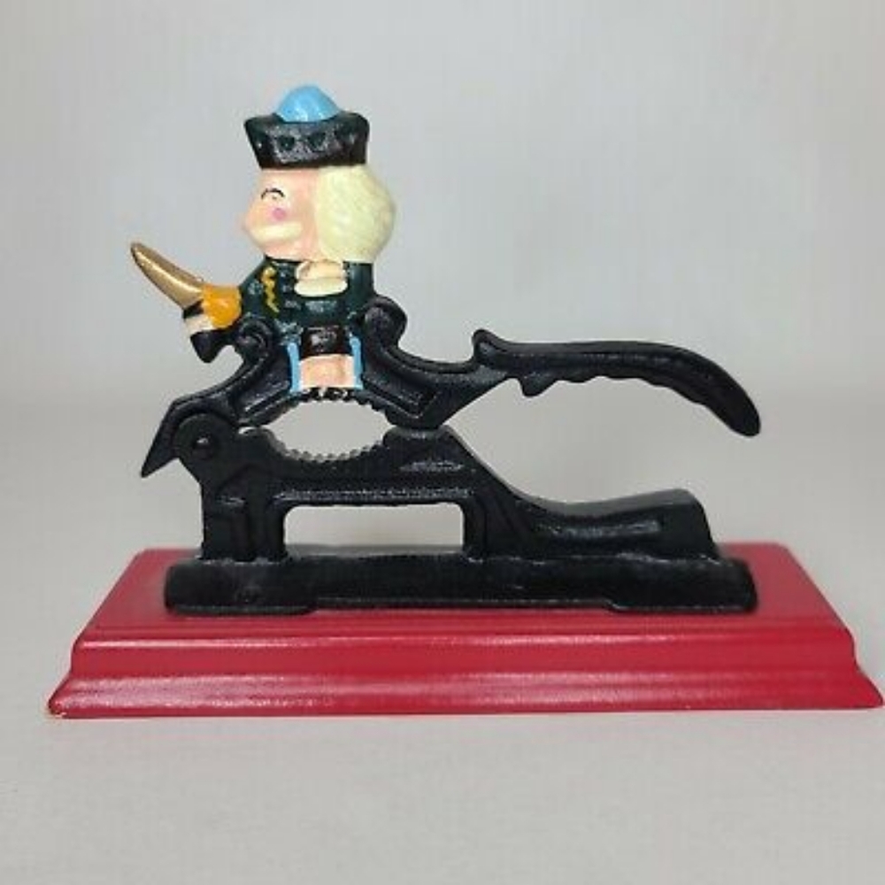 Vintage Toy Soldier Nutcracker King Cast Iron Metal Wood Base